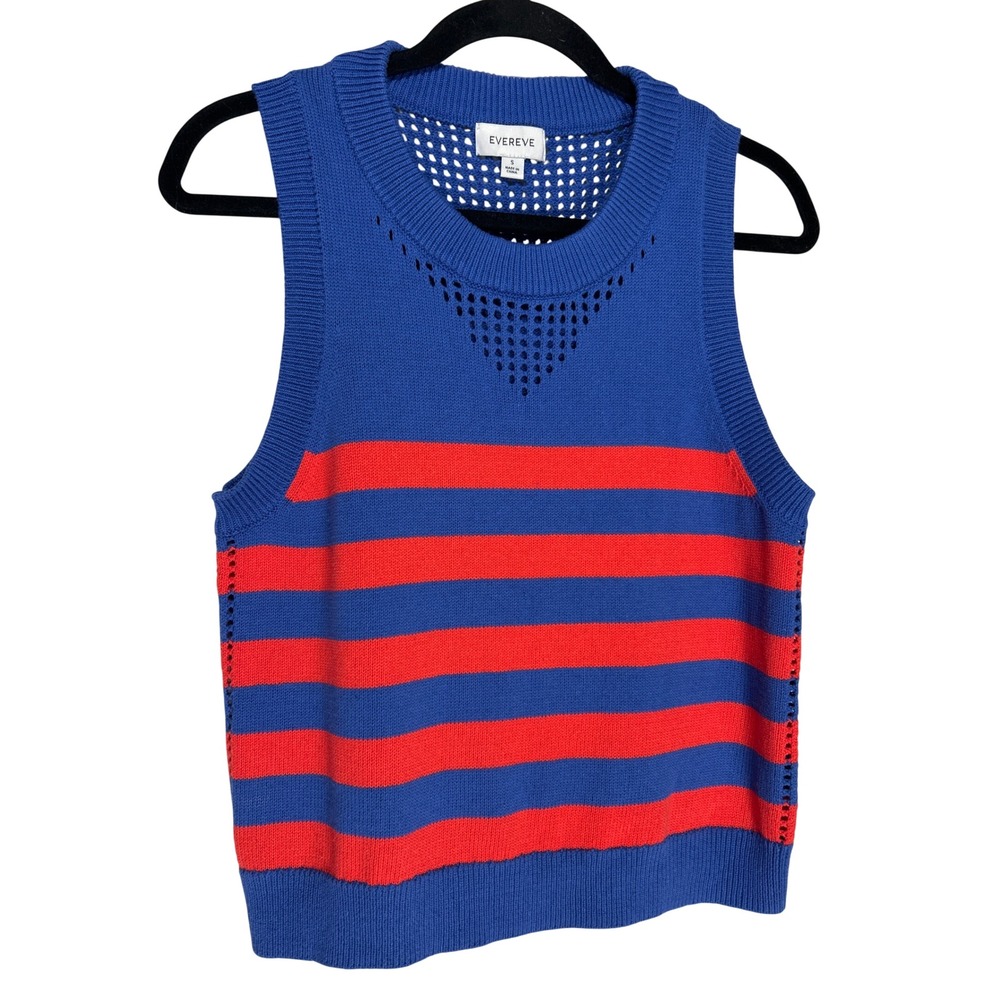 Evereve Blue Red Striped Knit Sweater Vest Pointelle Detail Small